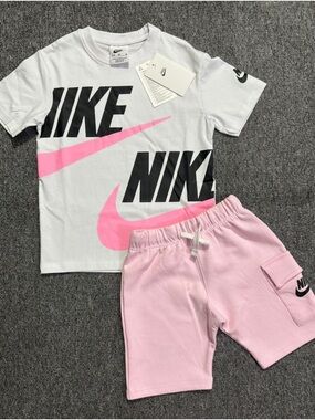 Nike White Tee with Pink Swoosh & Pink Cargo Shorts